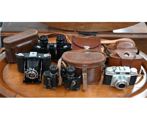 Two pairs of vintage binoculars includes Carl Zeiss Jena 8 x 30, 35mm Agfa Camera and Zeiss Icon 120mm camera - all cased (4)