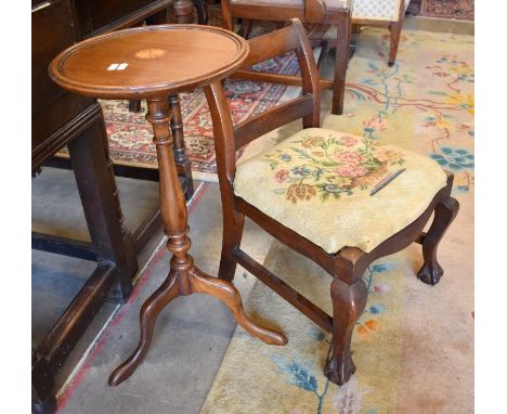An antique mahogany children's chair with floral tapestry seat to/w a circular wine table with inlaid fan patera (2)