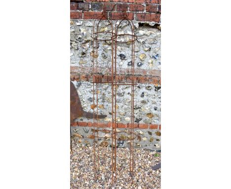 Pair of weathered steel arrow head obelisks (2) approx 160 cm h x 23 cm dia&nbsp;
