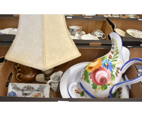 Floral-painted majolica ewer and basin and other ceramics (box)