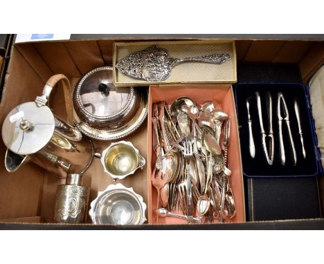 Victorian epns hot water jug, tea caddy, muffin dish and cream and sugar pair to/w various flatware and cutlery, some cased