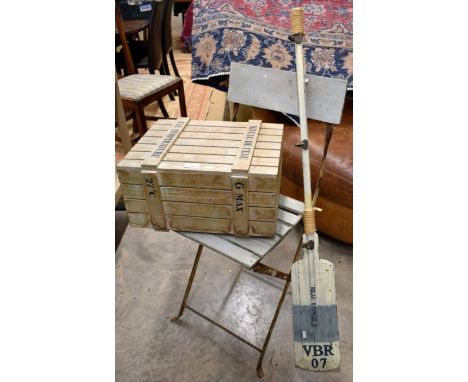 A shop display wooden ladder to/w a painted wine crate, folding chair and painted oar mounted with three metal coat hooks&nbs