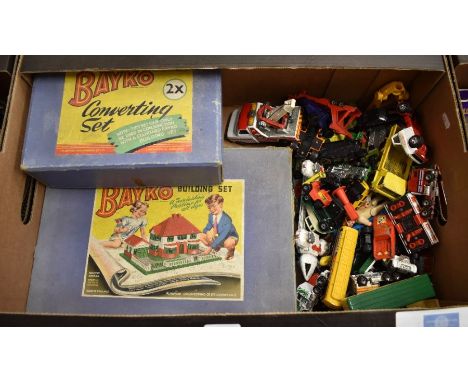 Boxed Bayko Building Set with 2x Converting set to/w various loose Matchbox and other model vehicles to/w a box of mixed plat