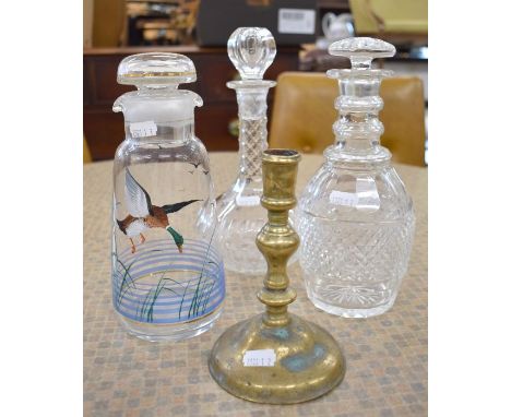 Georgian mallet decanter with three-ring neck and star-cut mushroom stopper to/w an onion-shaped decanter, an Art Deco water 