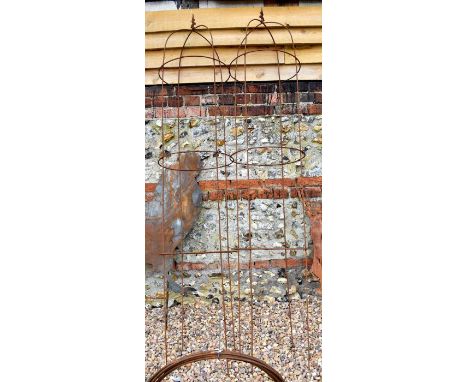 Pair of weathered steel arrow head obelisks (2) approx 220 cm h x 44 cm dia&nbsp;