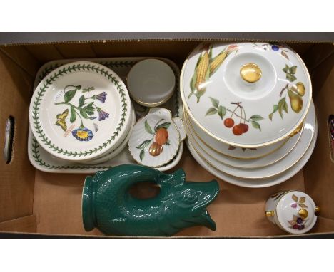 Quantity of Royal Worcester Evesham tableware to/w a green pottery fish 'glug-glug' jug and small selection of embroidered an