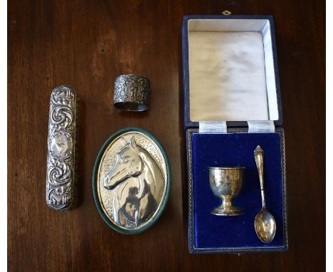 Cased silver egg-cup and spoon, Victorian napkin ring, clothes brush and silver mounted cufflink box