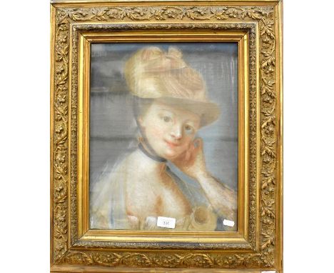 A 19th century pastel portrait of a young lady wearing a hat, 40 x 31 cm in decorative frame