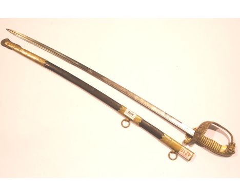British 1898 pattern Naval Officer's sword and scabbard, gold wired ivory grip with brass knuckle guard, etched blade and bra