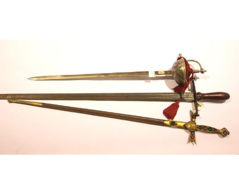 An early re-enactment or sparring sword, blade L: 80 cm, a Templar style sword with jewelled grip and leather scabbard and a 