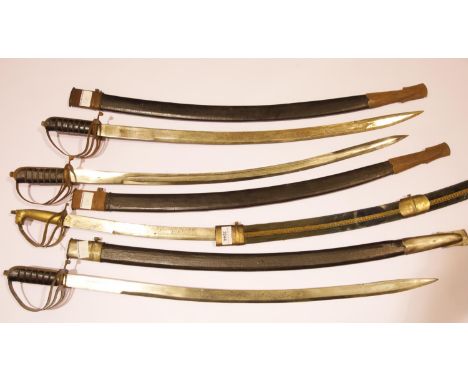 Four Indian sabres, three having painted canvas scabbards, the fourth a brass mounted velvet scabbard, each blade L: 75 cm. P