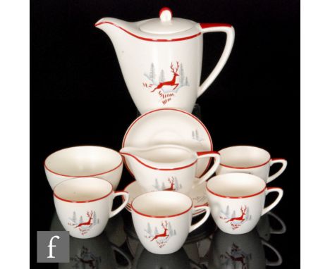 A mid 20th Century Crown Devon Fieldings Karen shape coffee service decorated in the Stockholm pattern with leaping stags pic