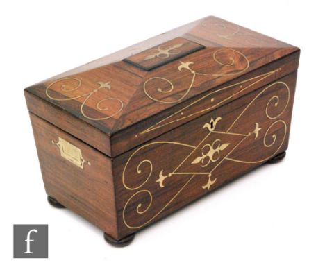 A 19th Century rosewood and brass inlaid sargophagal shaped tea caddy fitted with original glass mixing bowl and two separate