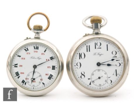 Two white metal open faced, crown wind, open faced Russian pocket watches both with Arabic numerals to a white enamel dial. S