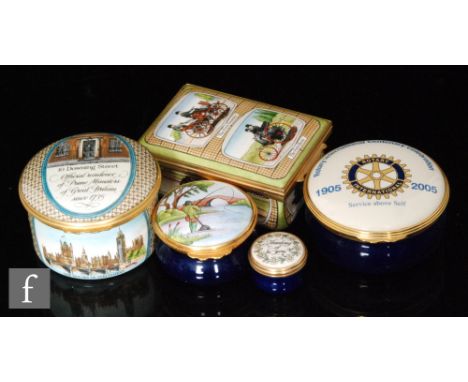 A collection of five Halcyon Days enamel boxes including a National Motor Museum limited edition numbered 94/500 and a 10 Dow
