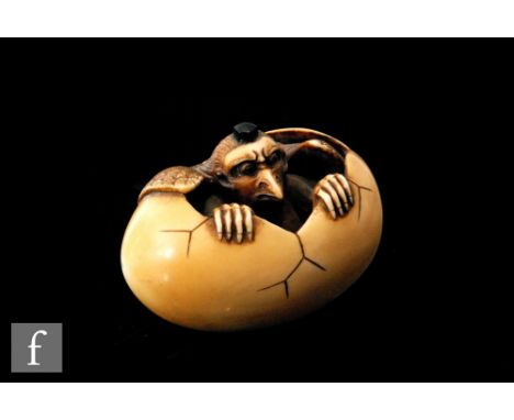 A Japanese ivory Meiji period (1868-1912) karasu tengu hatchling netsuke, the mythical bird emerging from an egg, with over d