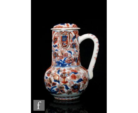 A late 18th Century Chinese imari porcelain chocolate pot of rounded form, rising to a cylindrical shaft with short spout, ap