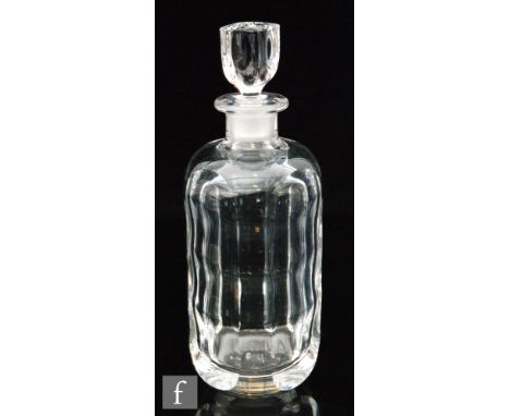 An Orrefors clear crystal decanter of square sleeve form and short collar neck with conforming flat cut stopper, engraved sig