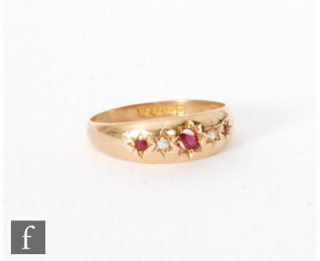 An 18ct hallmarked ruby and diamond five stone ring, alternating gypsy set stones to a plain shank, Chester 1902, ring size U