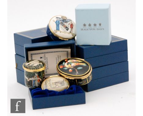 A collection of Halcyon Days enamelled patch boxes to include The Wolverhampton City Box, Rudells the Jeweller exclusive limi