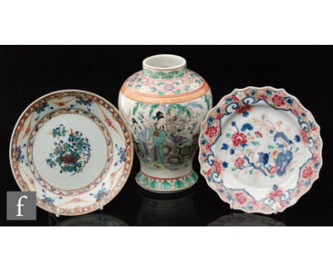 A collection of Chinese ceramics to include two 18th Century export porcelain plates, each of circular form, the first with s