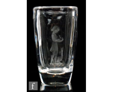 A post war Orrefors glass vase of tapered form with square rim, engraved with the image of a girl holding a gosling and stand