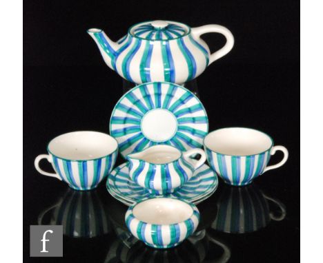 A 1920s-1930s Gray's Pottery tea set for two in the Aquamer pattern designed by Susie Cooper, comprising teapot, two teacups 