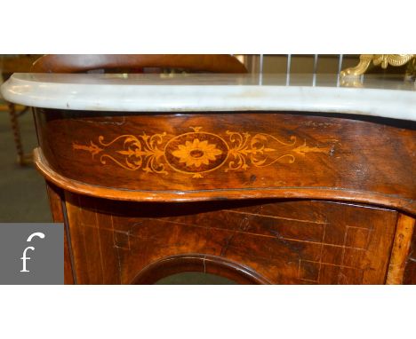 A Victorian walnut veneered serpentine fronted credenza, with a marble top above the marquetry inlaid frieze, over four mirro