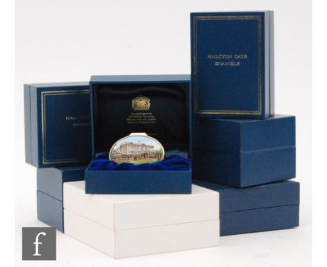 A collection of seven Halcyon Days enamelled patch boxes, all Royal family related, comprising a Queen Elizabeth II Golden Ju