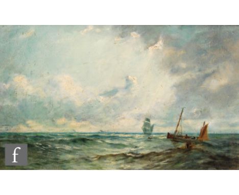 FREDERICK WILLIAM MEYER (1869-1942) - A fishing boat and other vessels in a light swell, oil on panel, framed, 28cm x 44cm