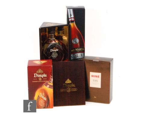 A collection of whiskies and cognacs, to include two bottles of Dimple 15 years blended Scotch Whisky, Hine rare VSOP congnac