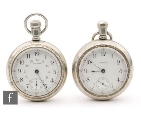Two white metal open faced, crown wind, open faced Waltham pocket watches both with Arabic numerals to a white enamel dial. S