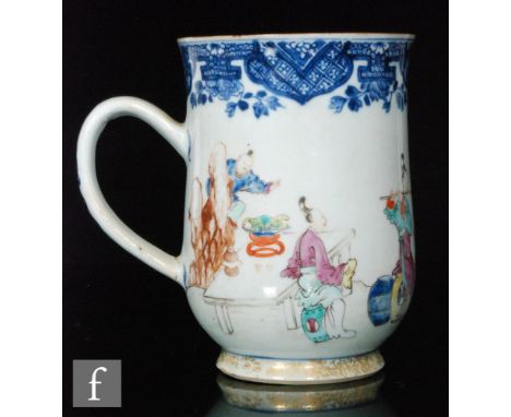 A Chinese late 18th Century export porcelain tankard of helmet shape, applied with loop handle, the cobalt diaper work upper 