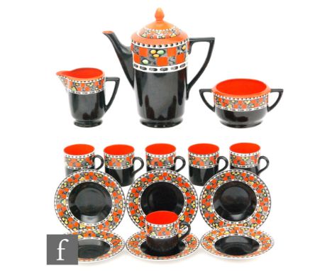 A 1930s Soho Pottery Solian Ware art deco coffee service comprising coffee pot, cream jug, sugar bowl and six saucers and cof