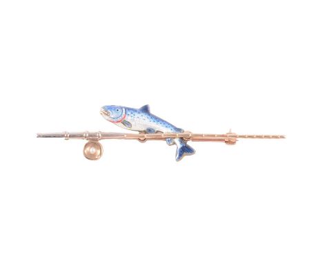A yellow metal salmon bar brooch or stock pin, the blue enamelled leaping salmon marked Silver on the back mounted on a 65mm 