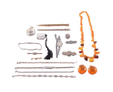 Two yellow metal gemset brooches, silver jewellery, amber jewellery and watches, a pendant and seed pearl bar brooch, the cir