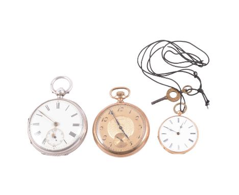 A yellow metal fob watch, a gold-plated pocket watch, and a silver pocket watch, a yellow metal fob watch, white enamel dial 