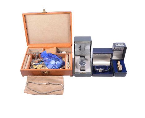 A collection of costume jewellery and wristwatches, a paste set gold-plated locket; Murano glass bead bracelet, boxed; paste 