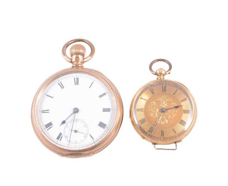 A gold-plated open face pocket watch, and a yellow metal open face fob watch, a gold-plated open face pocket watch, white ena