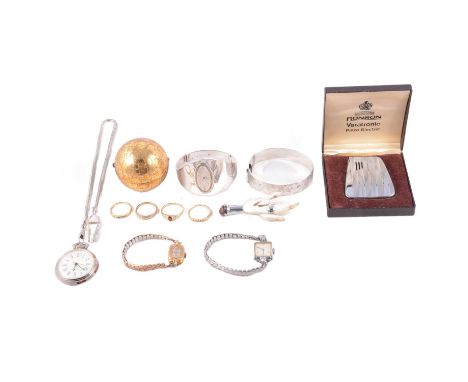 A Pygmalion globe compact, silver bangle, Ronson lighter, costume jewellery rings, and watches, a Pygmalion 50mm globe compac