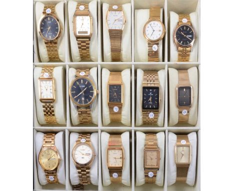 Fifteen gentlemen's gold-plated bracelet wristwatches, with storage/display case, Citizen - a gentleman's vintage gold-plated
