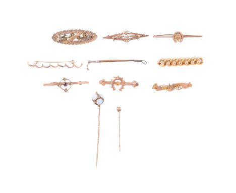 Nine bar brooches, and two stick pins, some gemset, a 36mm 9 carat yellow gold swallow and ivy leaf bar brooch, Chester 1904;