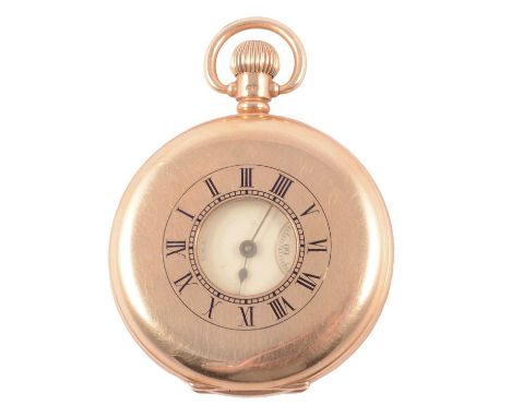 Waltham USA - an 18 carat yellow gold half hunter pocket watch, white enamel dial with roman numeral chapter ring and subsidi