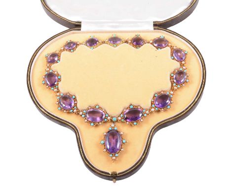 A Victorian amethyst, seed pearl and turquoise necklace in fitted Asprey and Company box, thirteen oval clusters in gallery s