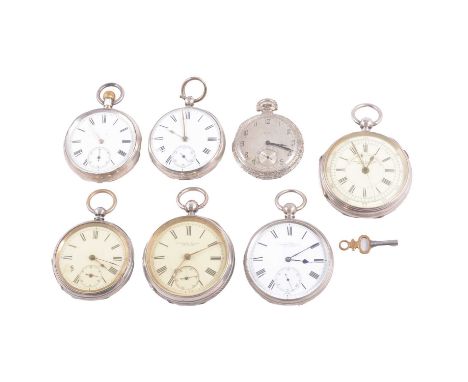Six silver pocket watches, and Elgin - a vintage gold-filled pocket watch, Fattorini &amp; Sons - a silver open face pocket w