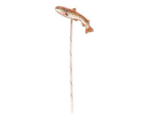 A 9 carat yellow gold enamelled rainbow trout stick pin, Alabaster & Wilson, Birmingham 1988, 60mm, 3.2g.  Condition report:P