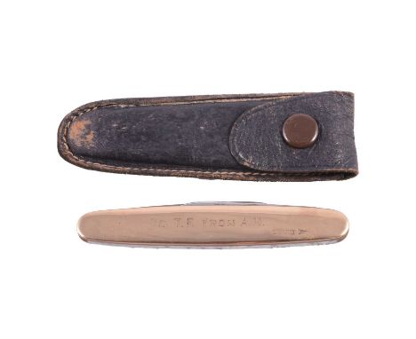 Horse racing interest - a 9 carat yellow gold penknife, Walker &amp; Hall, Sheffield 1914, plain polished finish, engraved Da