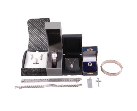 Gemset gold ring, yellow metal chains, silver, white metal and costume jewellery, and a watch, a garnet and synthetic white s