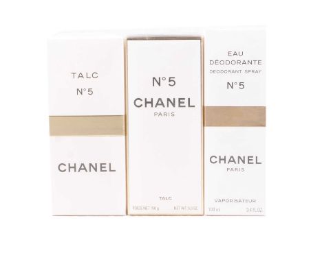 Chanel No. 5 - a branded eau déodorante / deodorant spray; and two branded talc; all boxed with outer plastic wrapping.Qty: 3