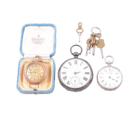 A gold-plated fob watch converted to a wristwatch, white metal fob watch, and silver pocket watch, a gold-plated fob watch co